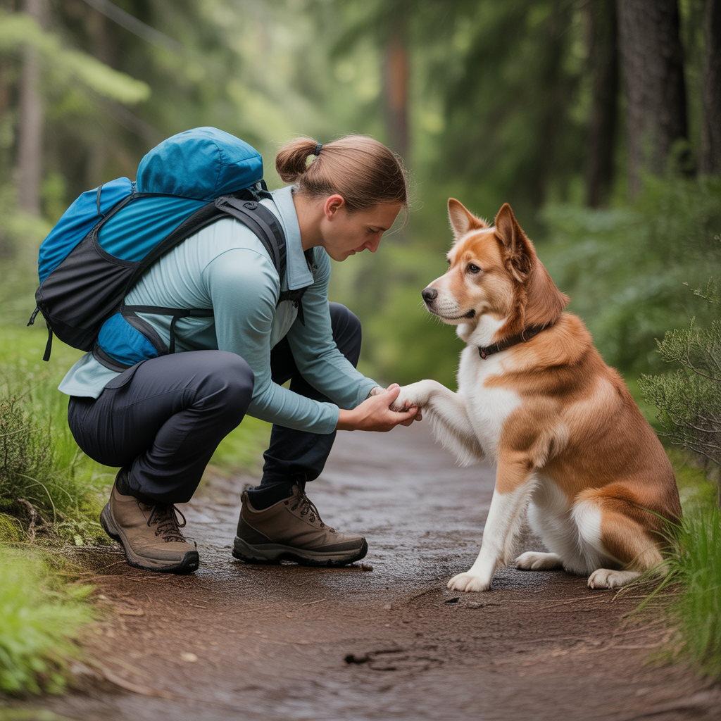 Hiker checking dog paw for injury on trail demonstrating trail safety when hiking with a dog