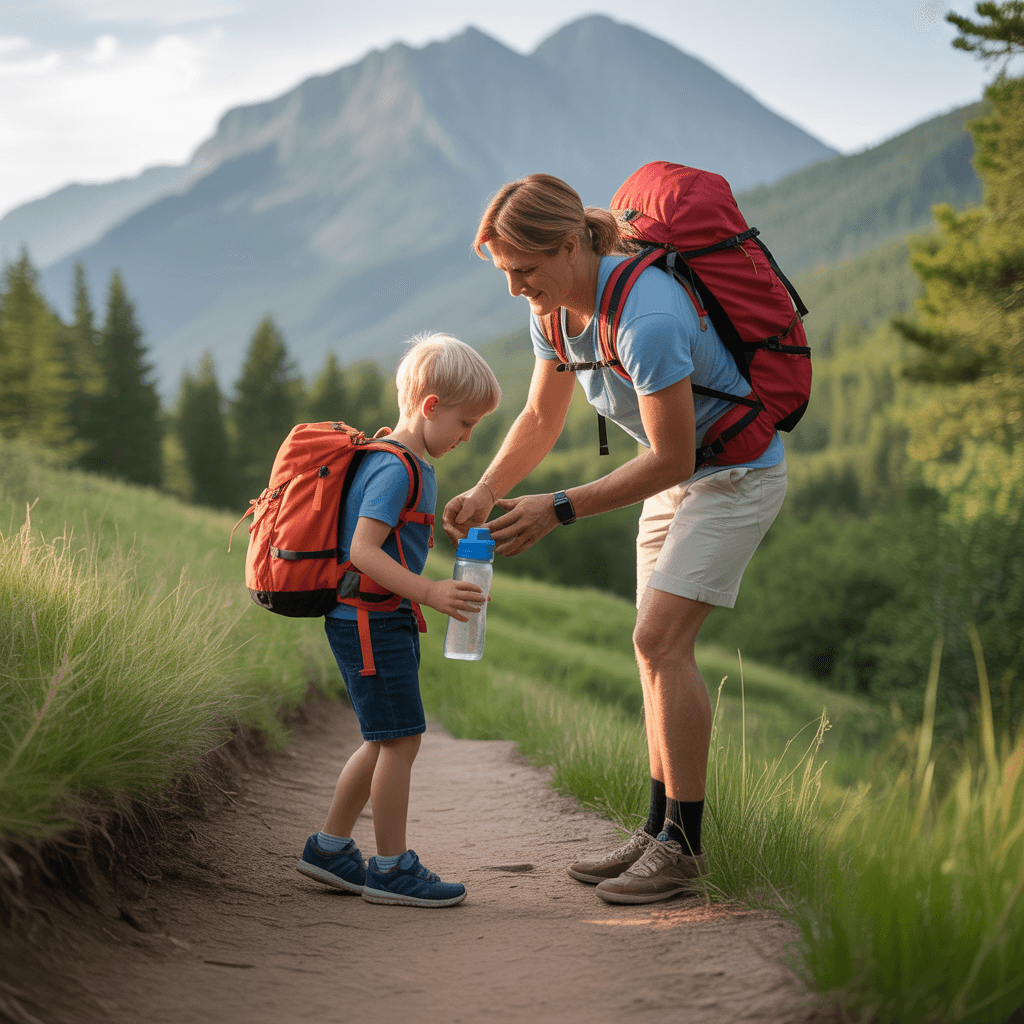 Parent preparing child with hiking gear and water bottle on mountain trail