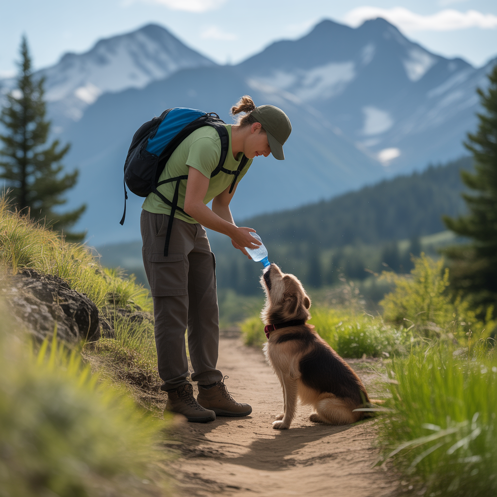 hiker giving water to dog on dog-friendly hiking trail in mountains