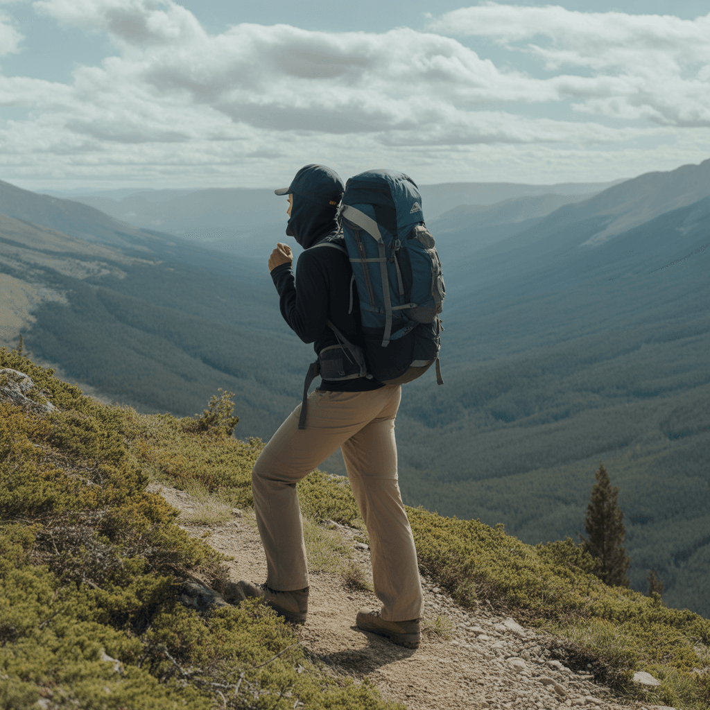 hiker taking strategic rest break while hiking uphill on mountain trail with scenic valley view