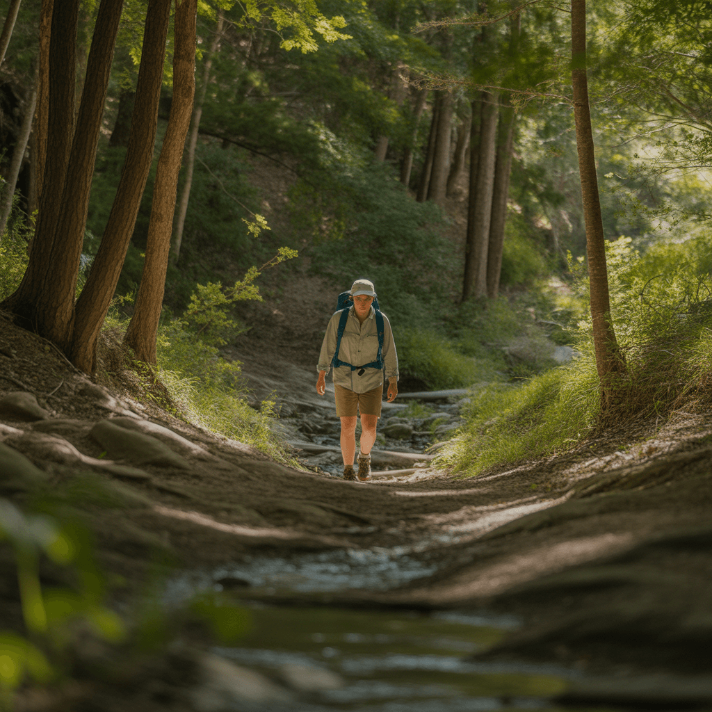 hiker on shaded forest trail near creek staying cool while hiking in hot weather conditions