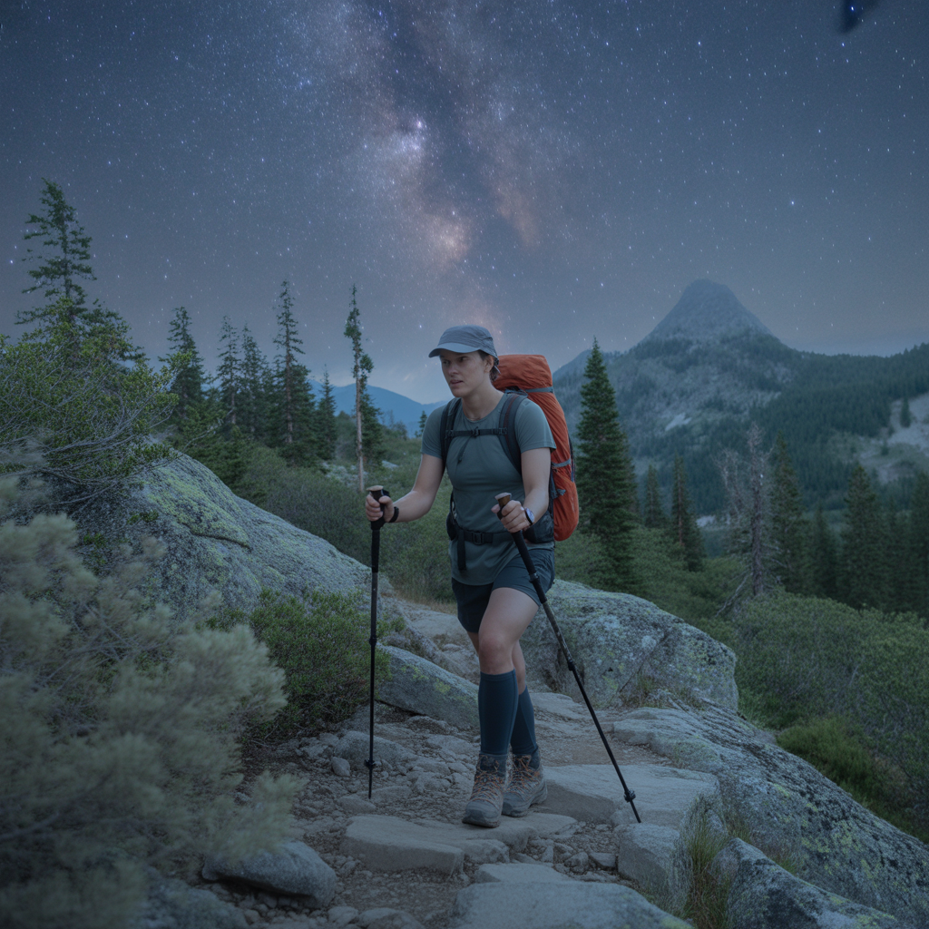 solo hiker with trekking poles navigating rocky trail safely in the dark