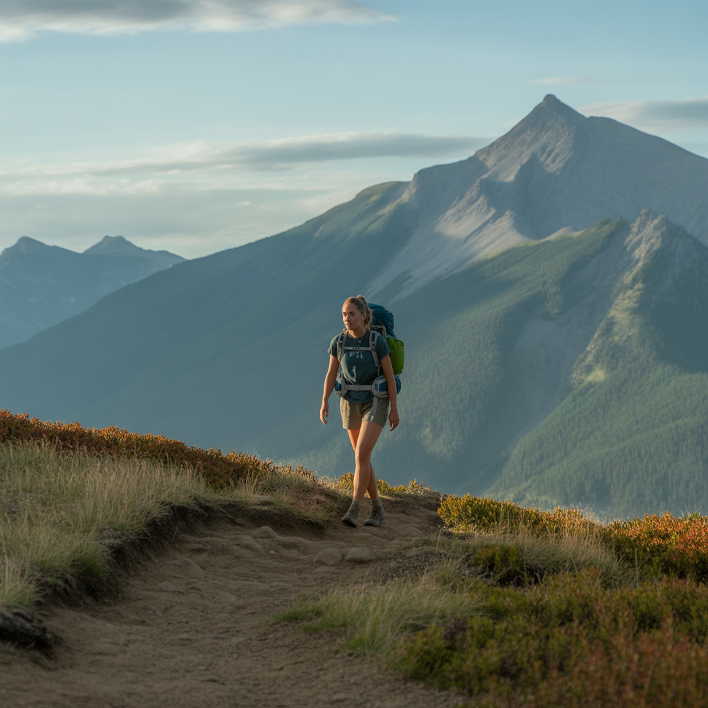 confident woman hiking alone on scenic mountain ridge trail in daylight
