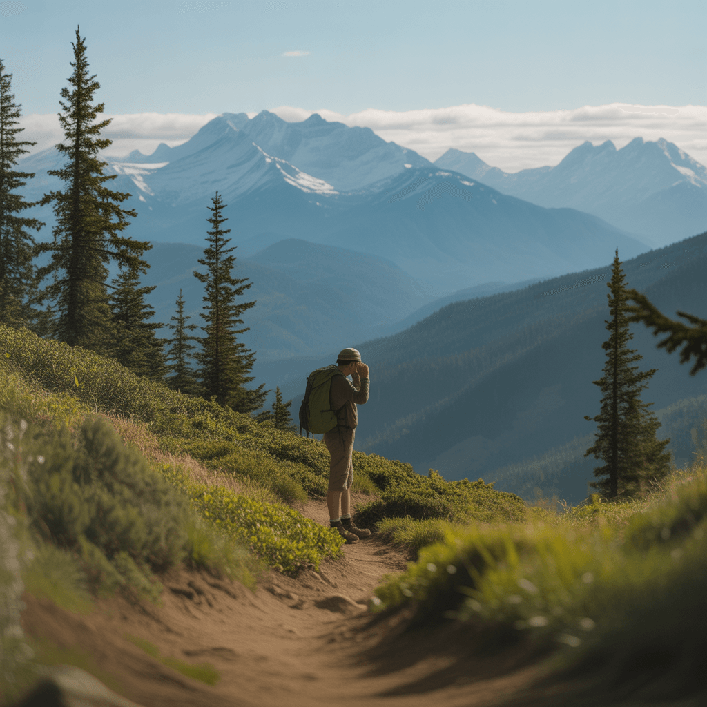 hiker resting during uphill climb with mountain scenery demonstrating strategic break technique