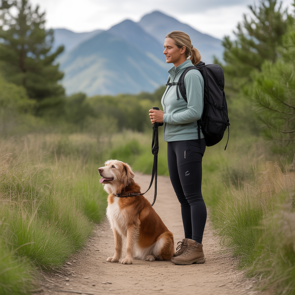older dog sitting calmly on leash next to owner during hiking training session on easy trail