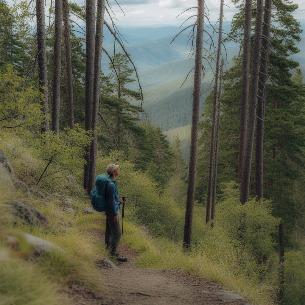 hiker taking strategic break during long hike on forest trail