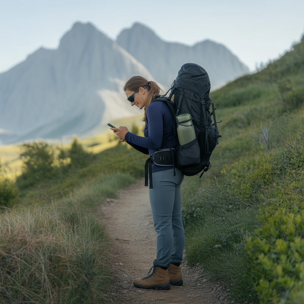hiker checking trail conditions and weather forecast on smartphone during hiking trip