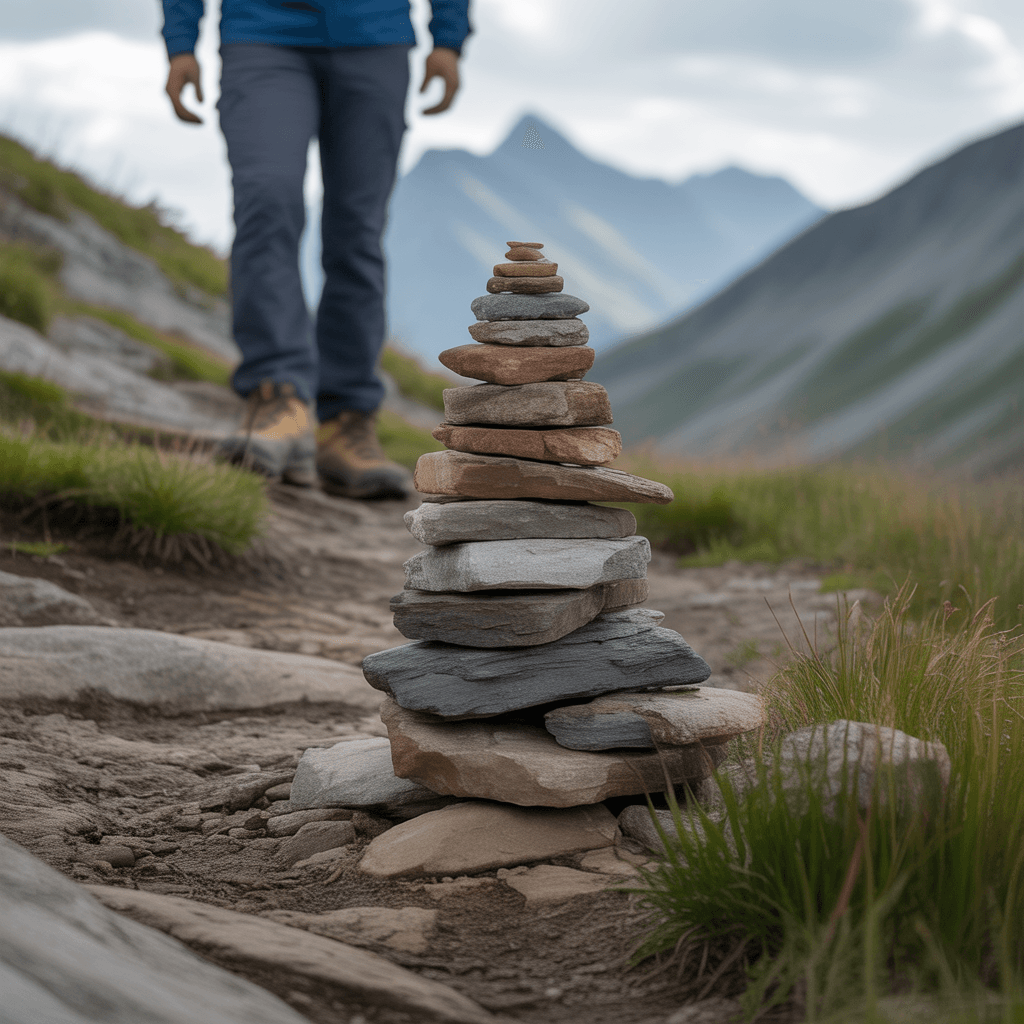 cairn trail marker on rocky mountain hiking trail