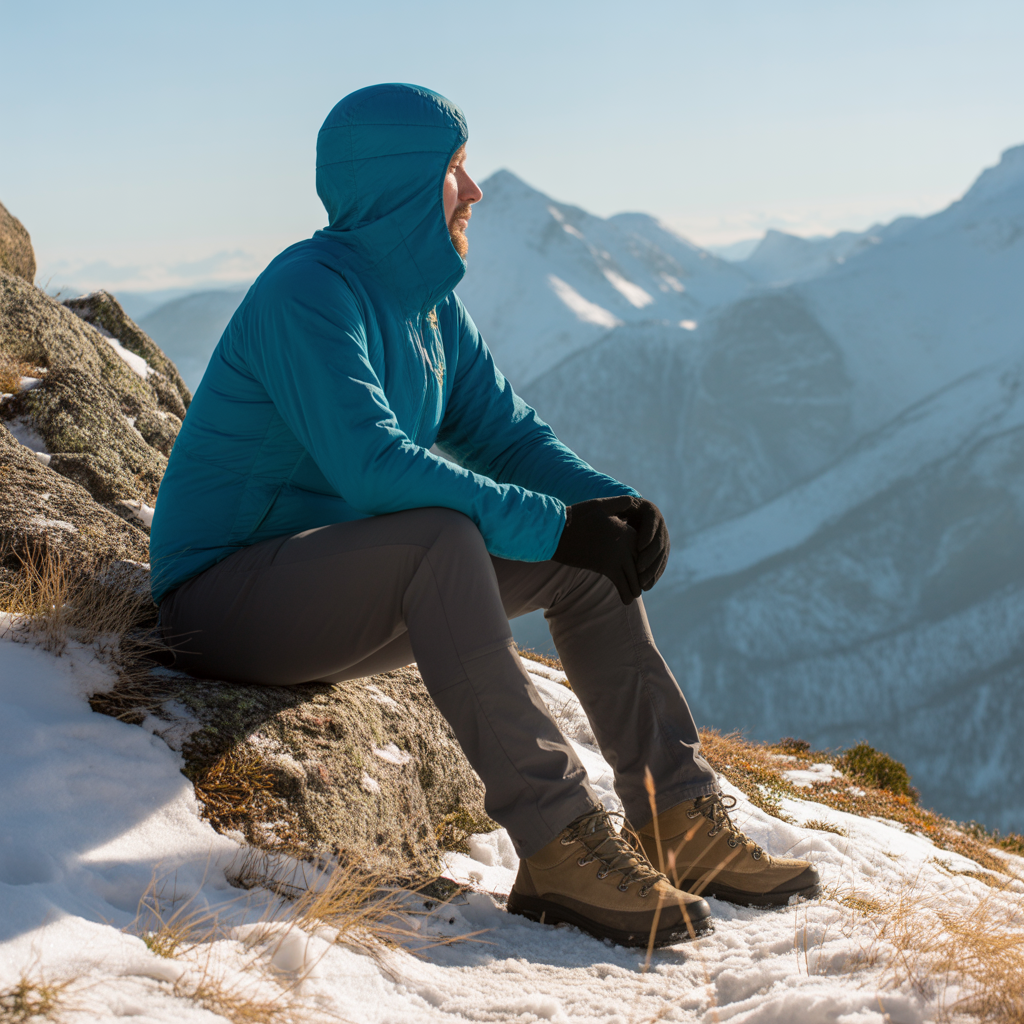 winter hiker taking rest break on snowy mountain trail dressed in proper cold weather layers