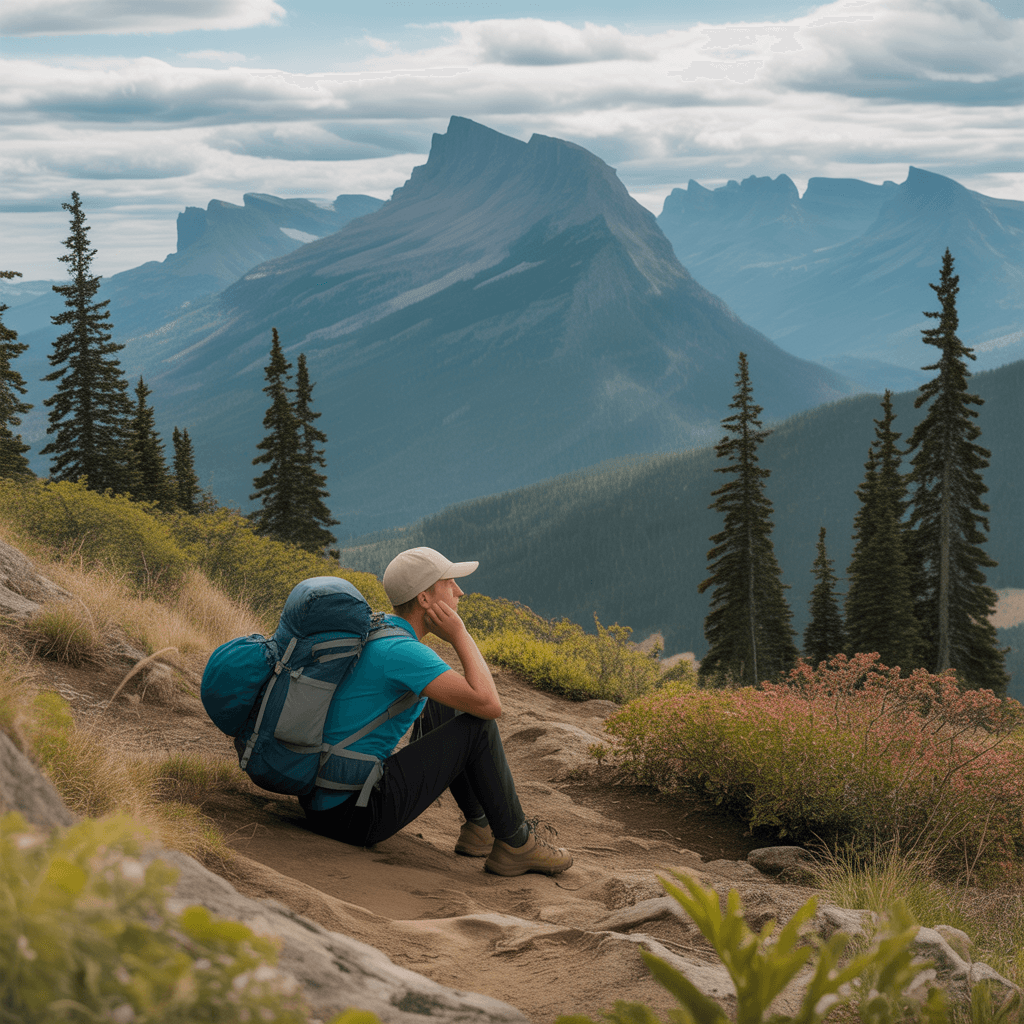 hiker taking break on mountain trail after training for hiking with mountain views