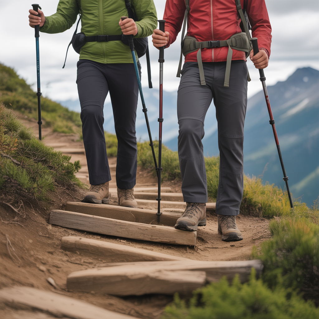 hikers using proper technique on steep switchback trail with trekking poles for stability