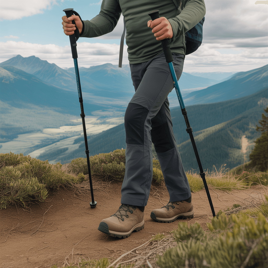 hiker using trekking poles on mountain trail showing full body muscle engagement