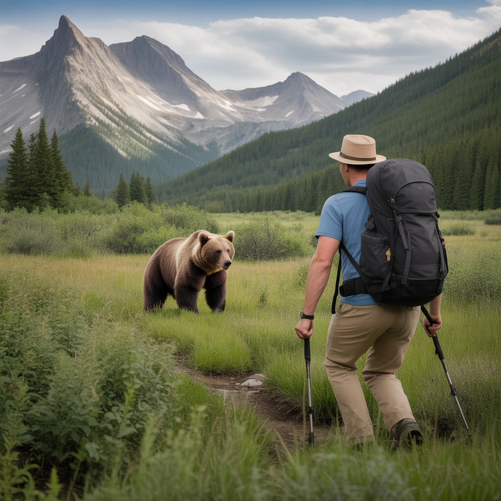 hiker calmly backing away from grizzly bear during hiking encounter in mountains