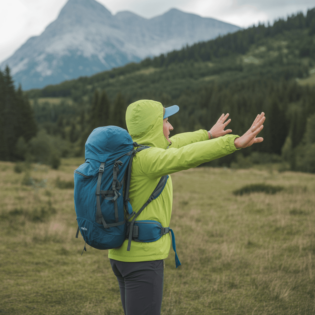 hiker signaling for help in visible clearing after getting lost on mountain trail