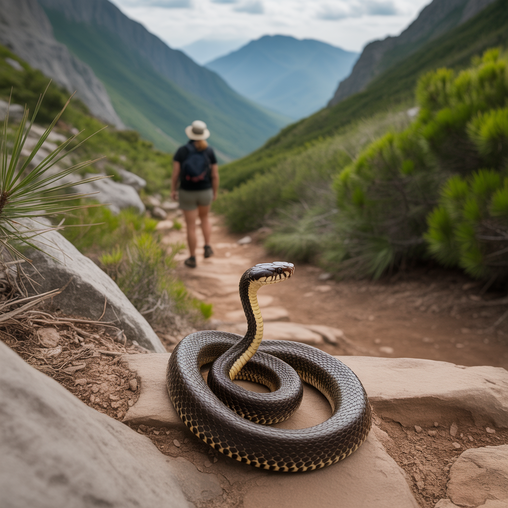 defensive snake on trail with hiker maintaining safe distance in mountain environment