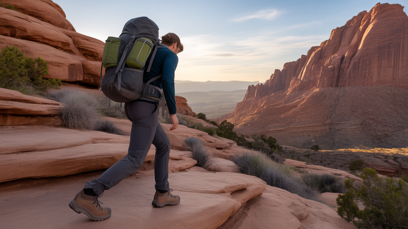 Hiker wearing best 50 liter backpack for hiking on desert canyon trail at sunrise