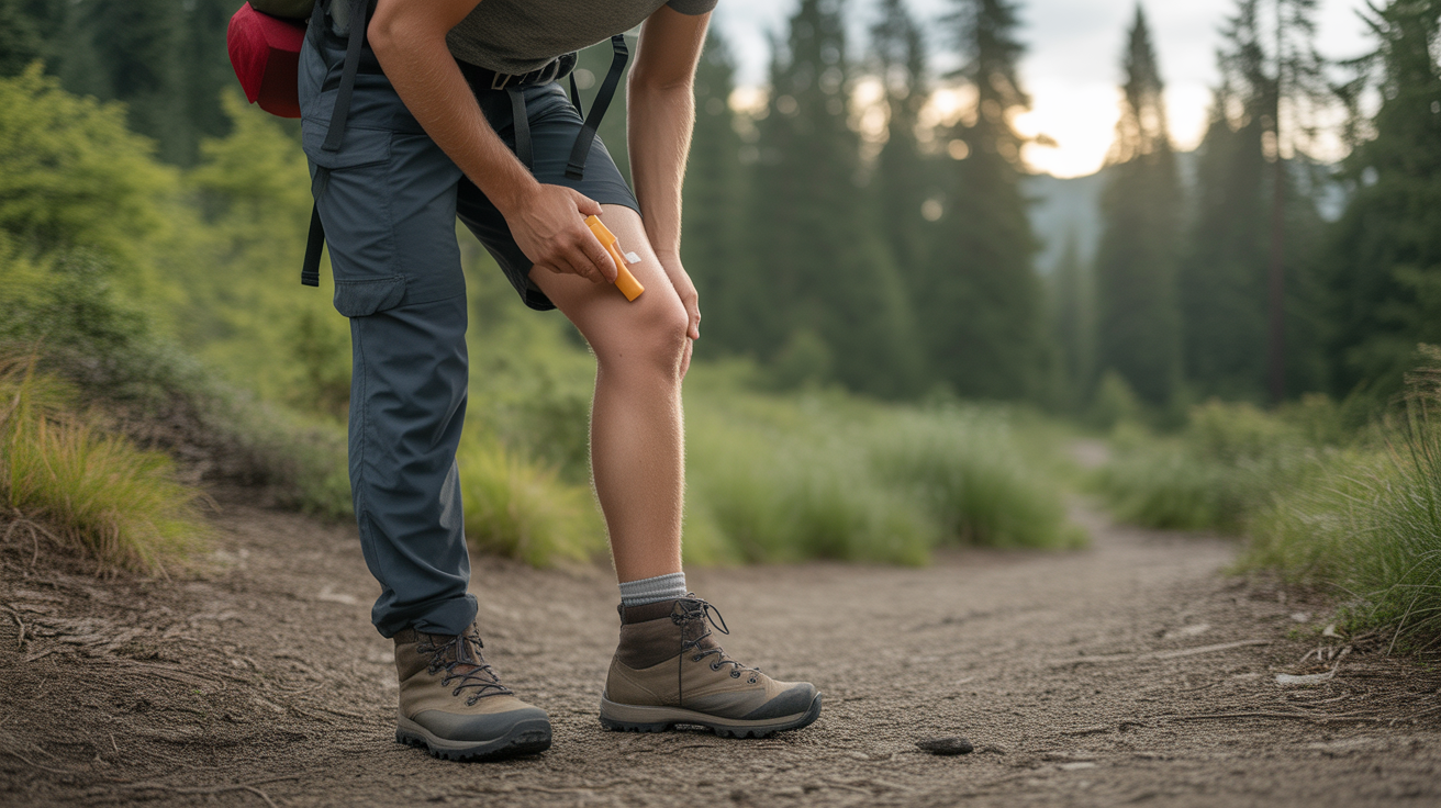 hiker applying best anti chafe stick for hiking to prevent thigh chafing before trail