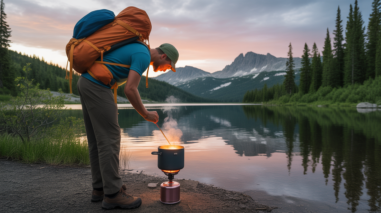 backpacker using best backpacking cookware set at mountain campsite with portable stove
