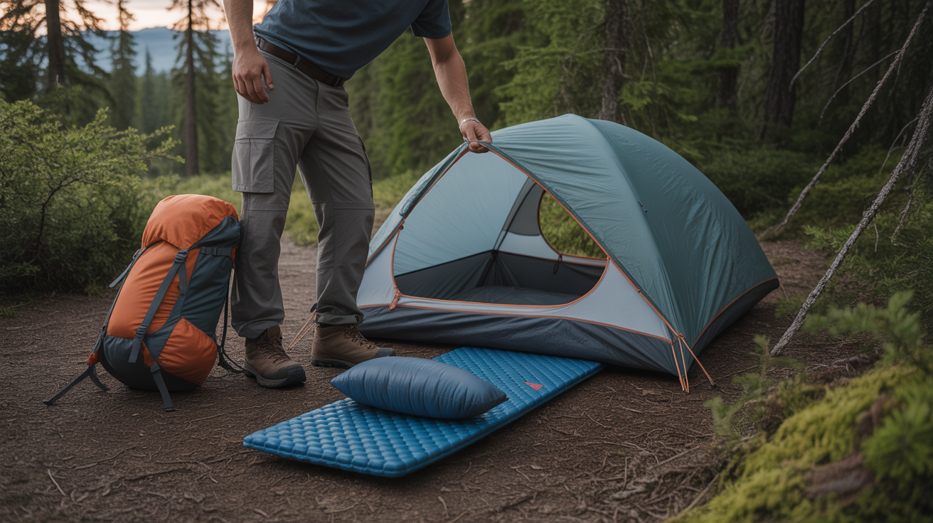 backpacker setting up best backpacking pillow at campsite in forest at sunset