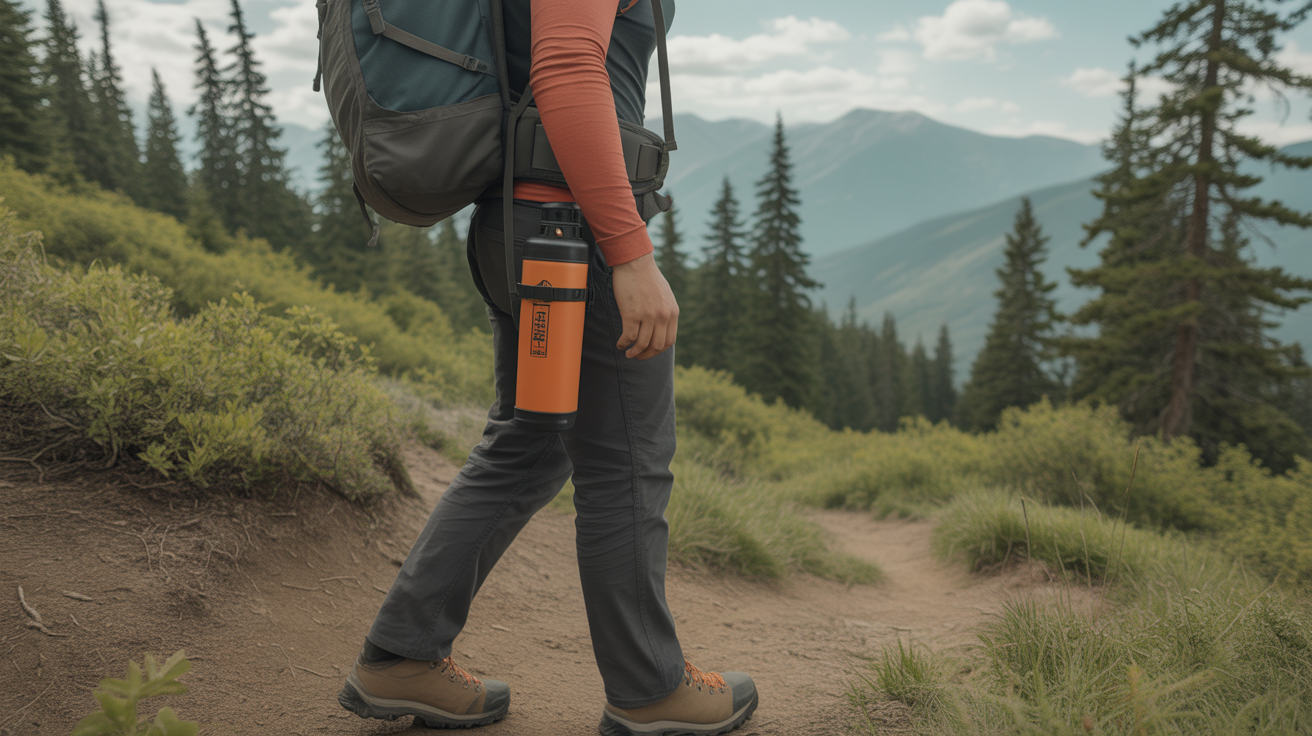 Hiker carrying best bear spray for hiking on mountain trail in forest