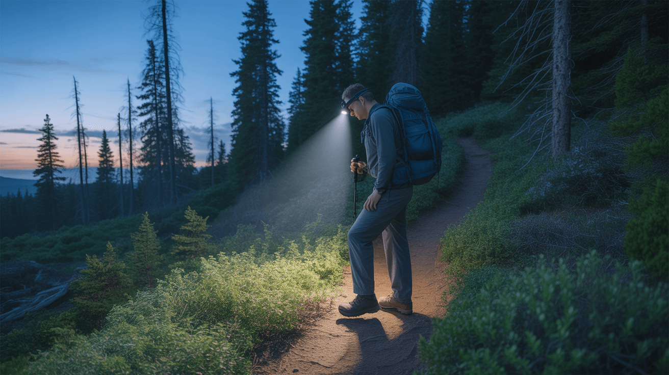 hiker wearing best budget headlamp for hiking on forest trail at dusk