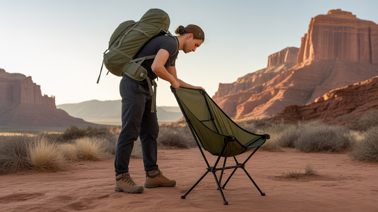 backpacker setting up best camp chair for backpacking at desert campsite with red rock canyon in background