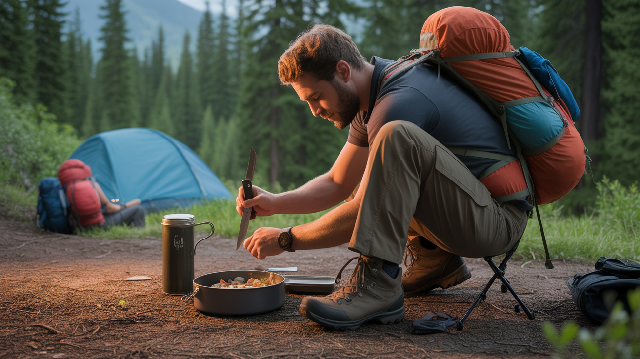hiker using best camp knife for hiking to prepare food at campsite in forest setting
