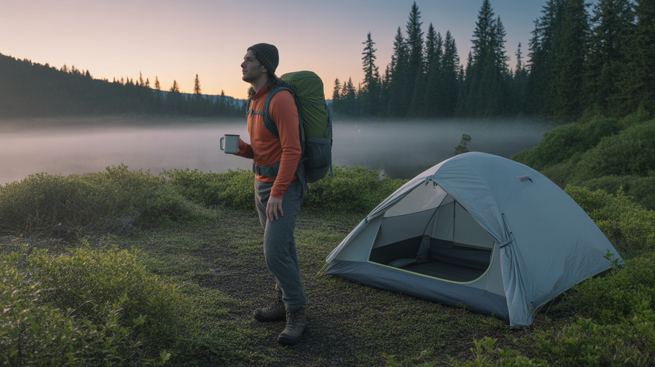 Hiker holding best camp mug for hiking at campsite during cold morning with steam rising from coffee