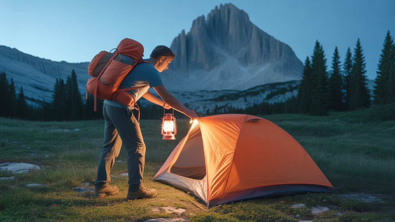 Backpacker setting up best camping lantern for backpacking at alpine campsite during evening