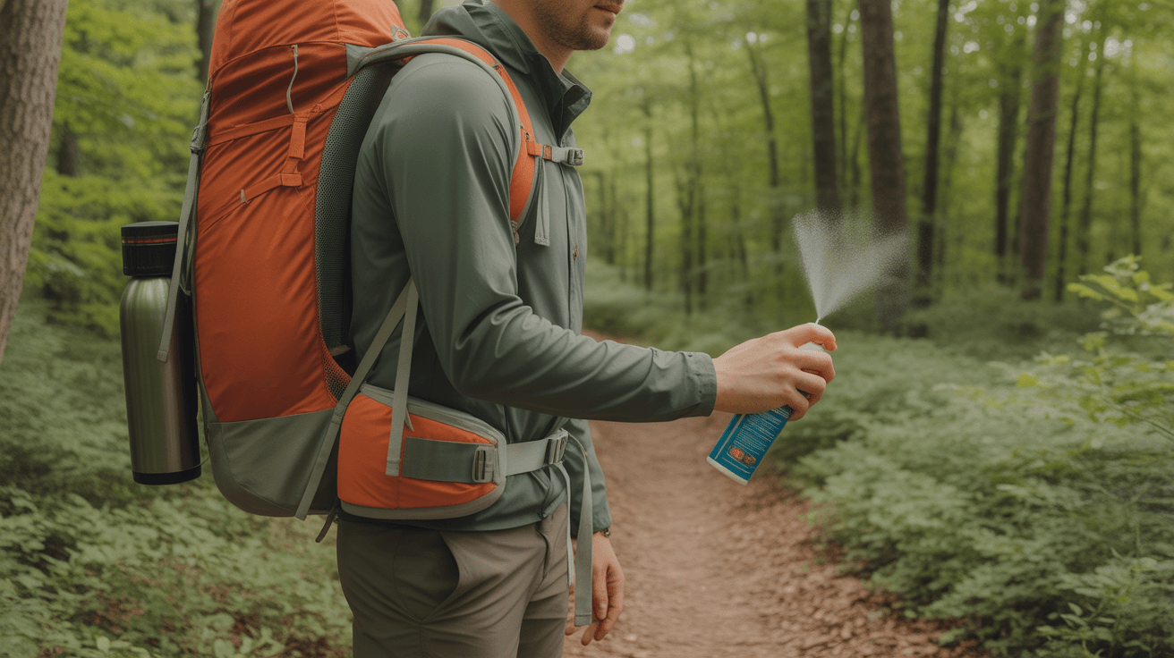 hiker applying DEET insect repellent spray before hiking on wooded trail in tick country