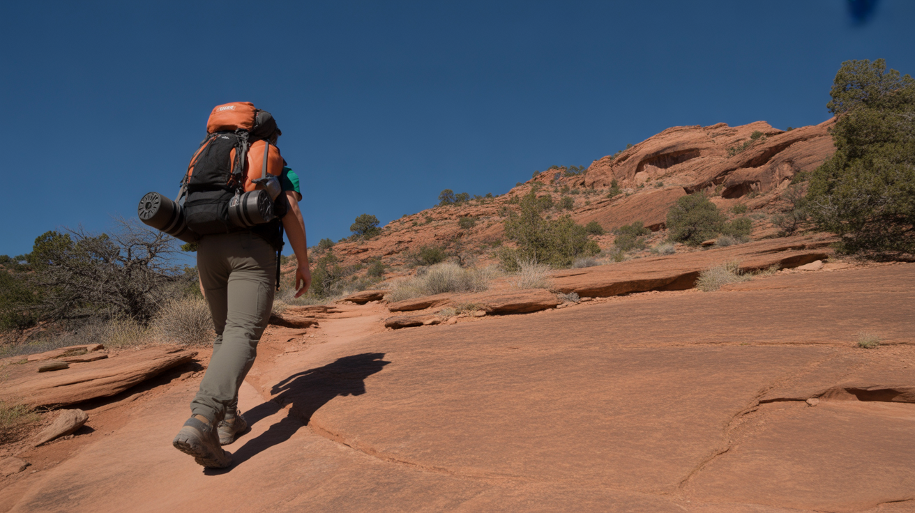 hiker with backpack on desert trail representing best deodorant for hiking performance during long hikes