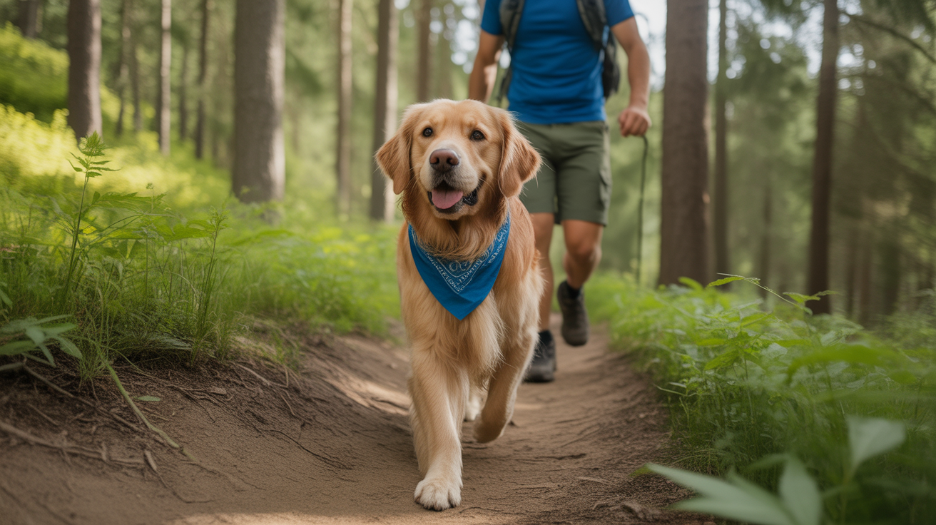 Golden retriever wearing best dog cooling bandana for hiking on forest trail with owner