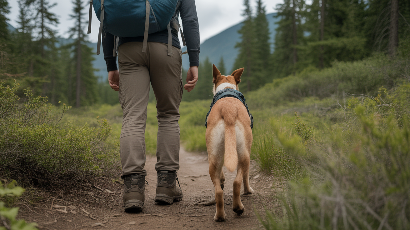 Hiker with dog wearing best dog harness for hiking trails on mountain path