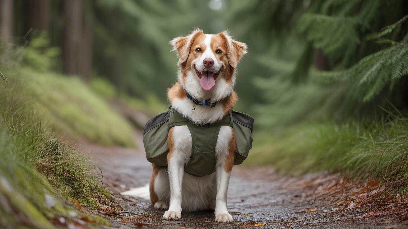 Medium-sized dog wearing storage vest with side pockets walking on wooded hiking trail