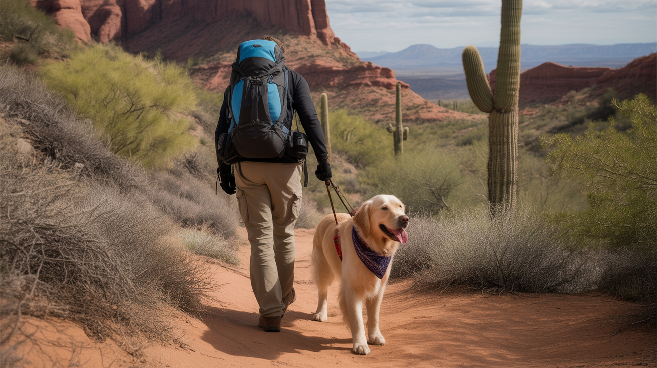 Hiker walking golden retriever on desert trail using best dog insect repellent for hiking
