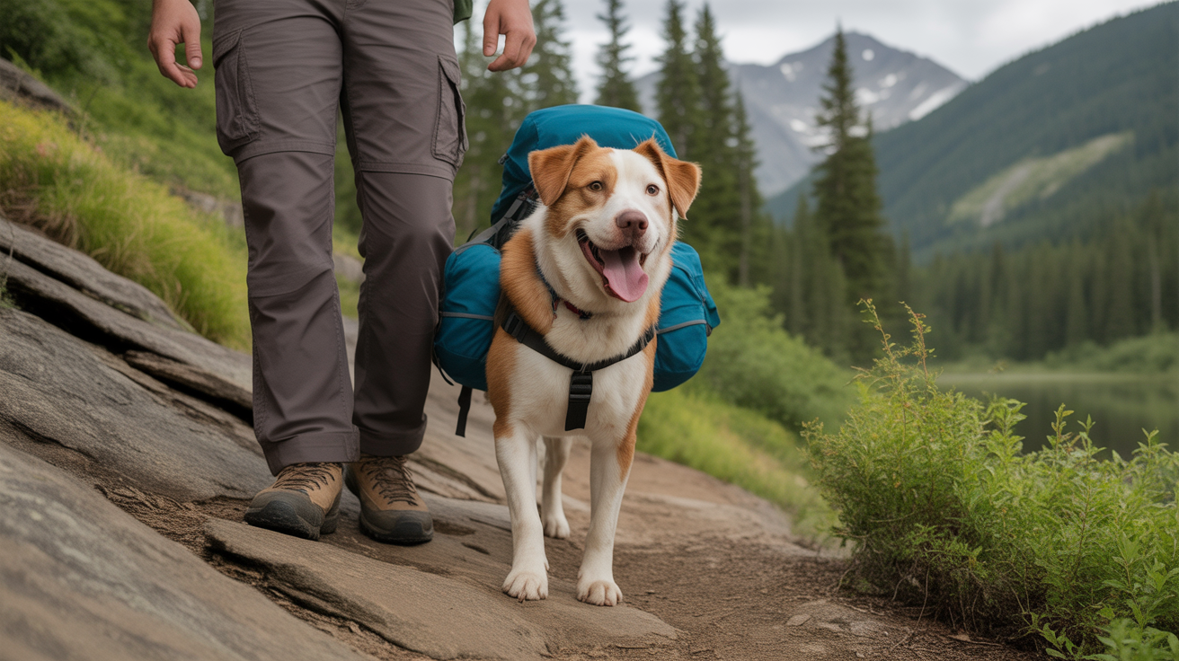 Dog hiking on rocky trail with owner demonstrating need for best dog paw balm for hiking