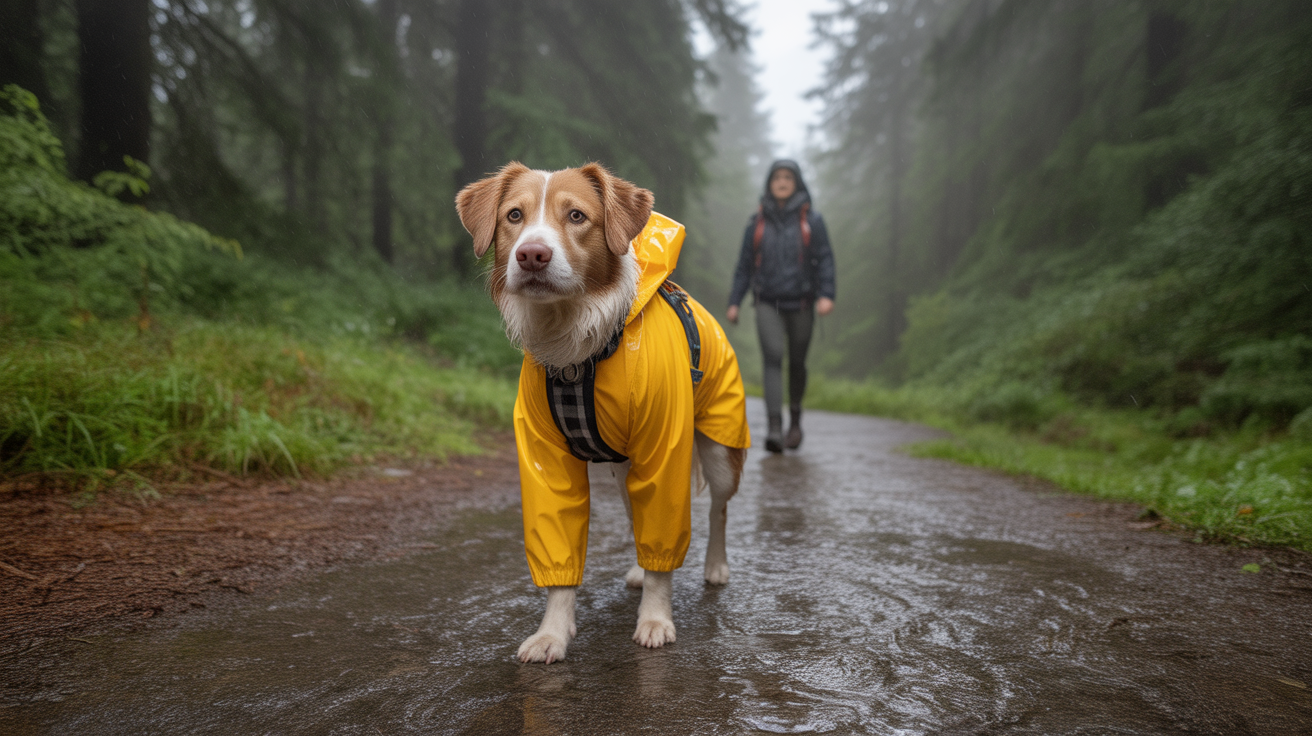 dog wearing best rain jacket for hiking on wet forest trail in rain