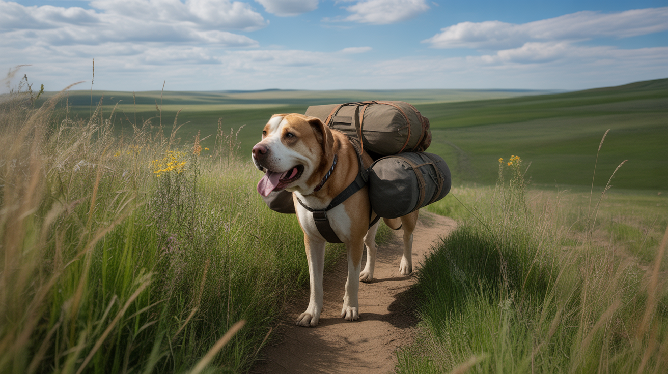 Dog wearing a best dog saddle bag backpack hiking on a prairie trail through tall grass and wildflowers