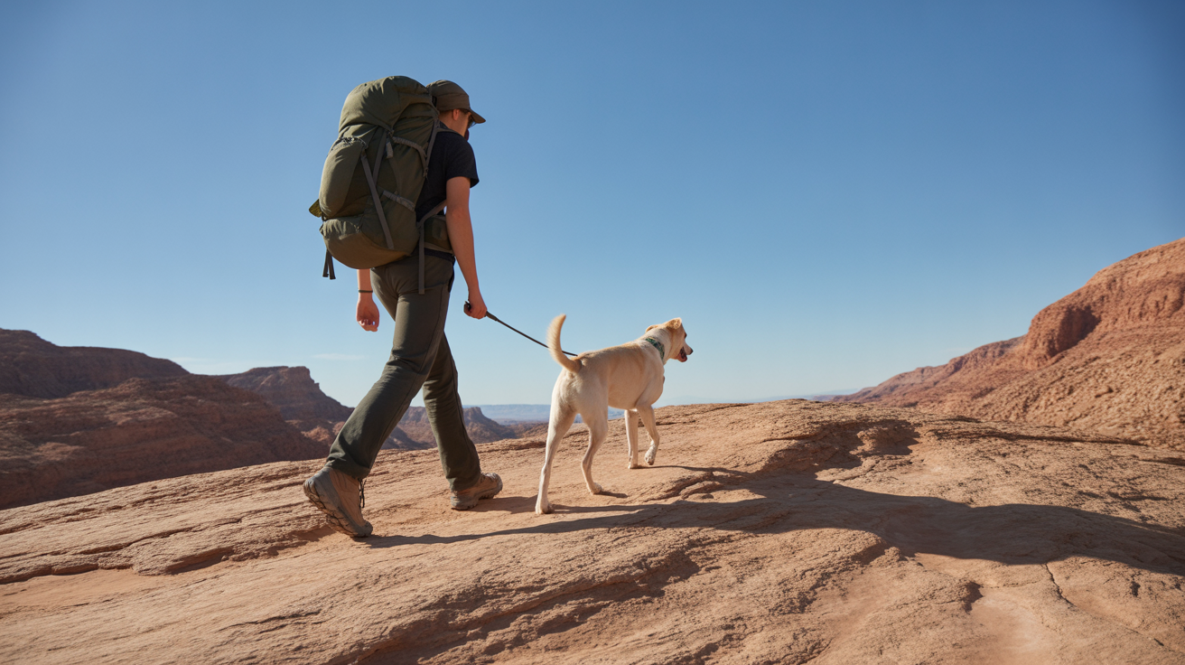 Hiker with light-colored dog on sunny desert trail demonstrating need for best dog sunscreen for hiking