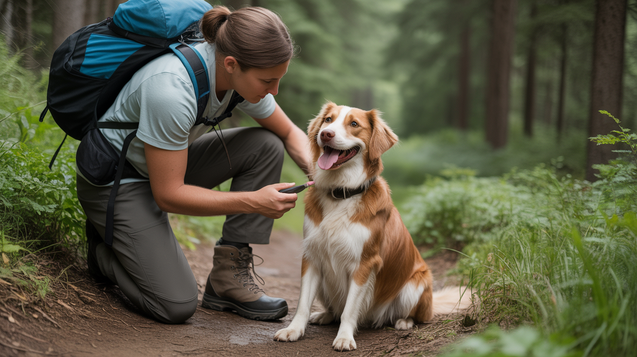 Hiker checking dog for ticks on trail with best dog tick removal tool for hiking