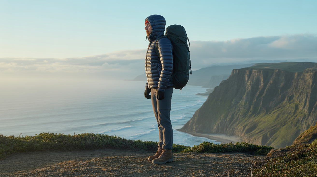 Hiker wearing the best down jacket for hiking on a coastal cliff trail at sunrise