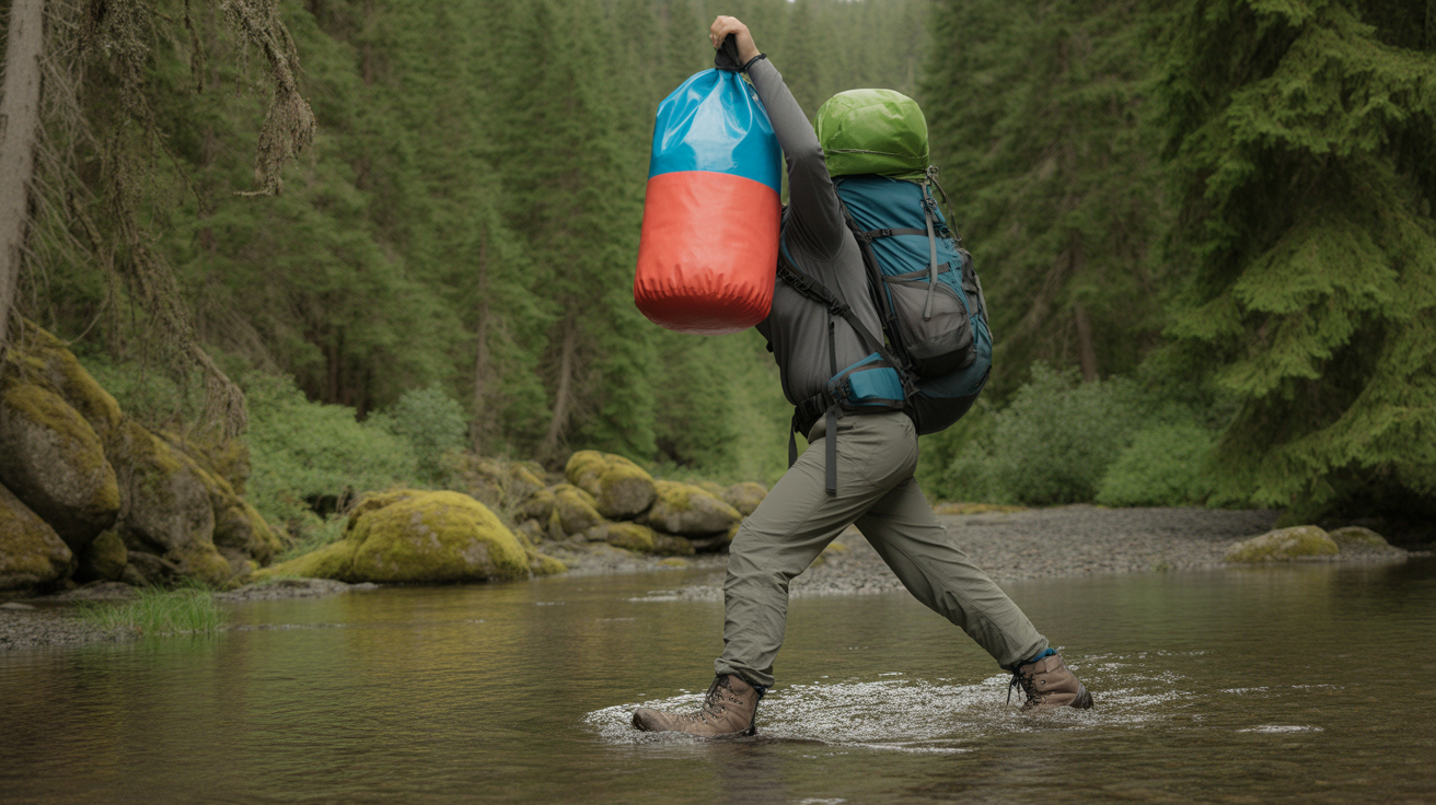hiker crossing creek with best dry bag for hiking held above water to protect gear