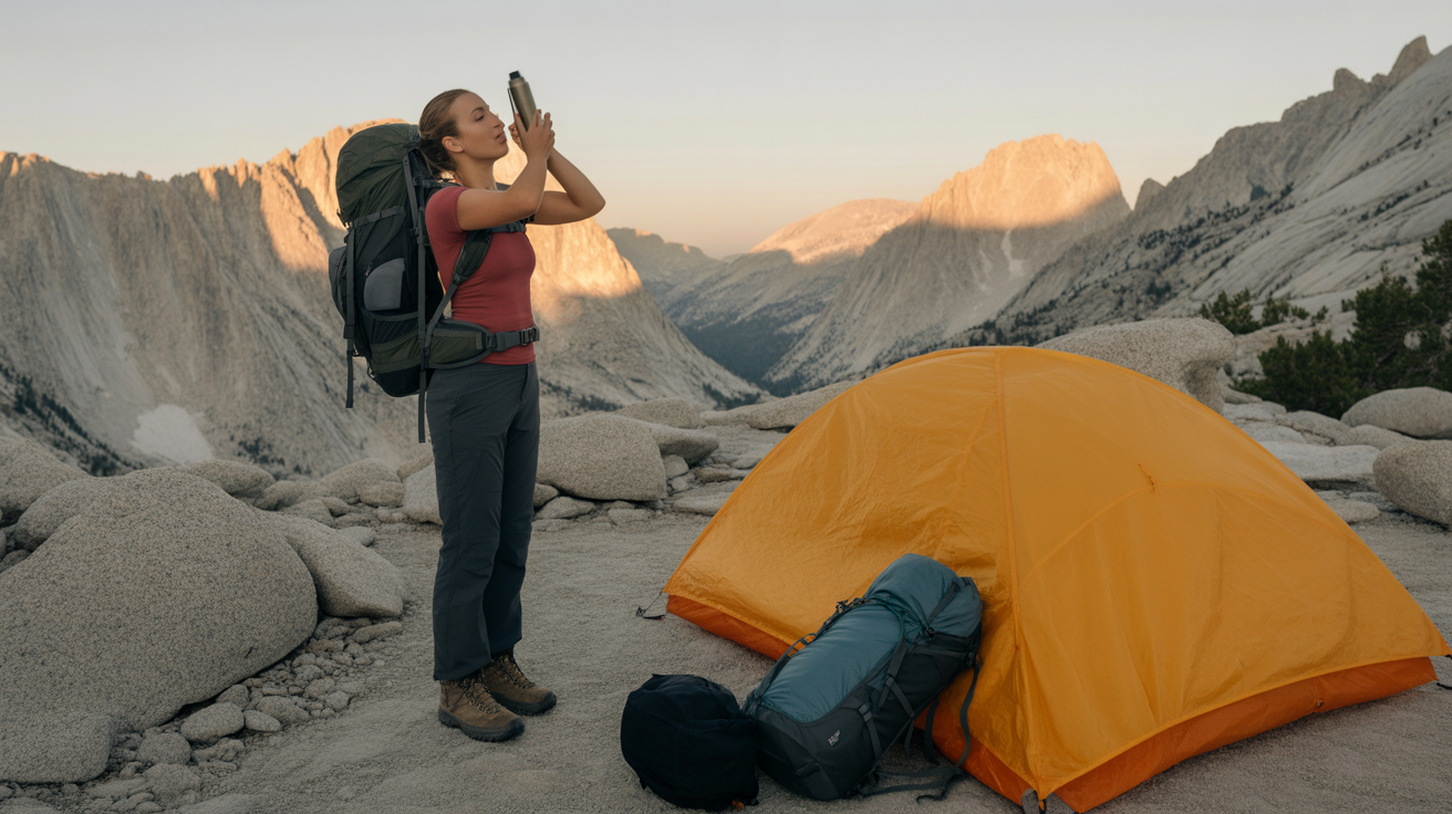 backpacker using best dry shampoo for backpacking at mountain campsite