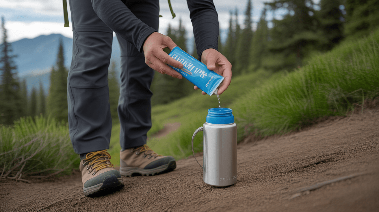 hiker preparing best electrolyte powder for hiking by mixing packet into water bottle on trail