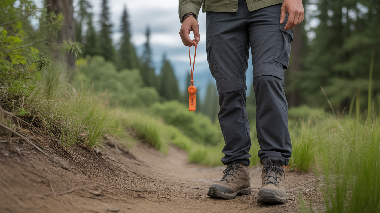 hiker holding best emergency whistle for hiking on mountain trail