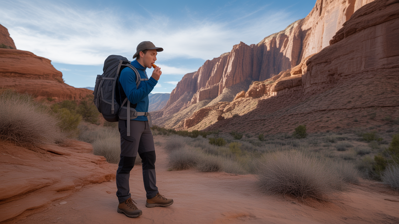 hiker eating one of the best energy bars for hiking on desert trail with red rock canyon background