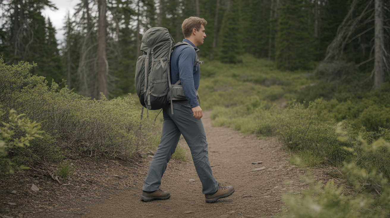 hiker wearing extra wide hiking boots walking on forest trail with backpack