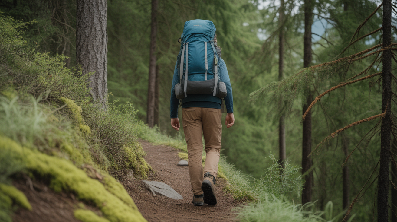 Hiker wearing best fanny pack for hiking on forest trail with water bottle accessible