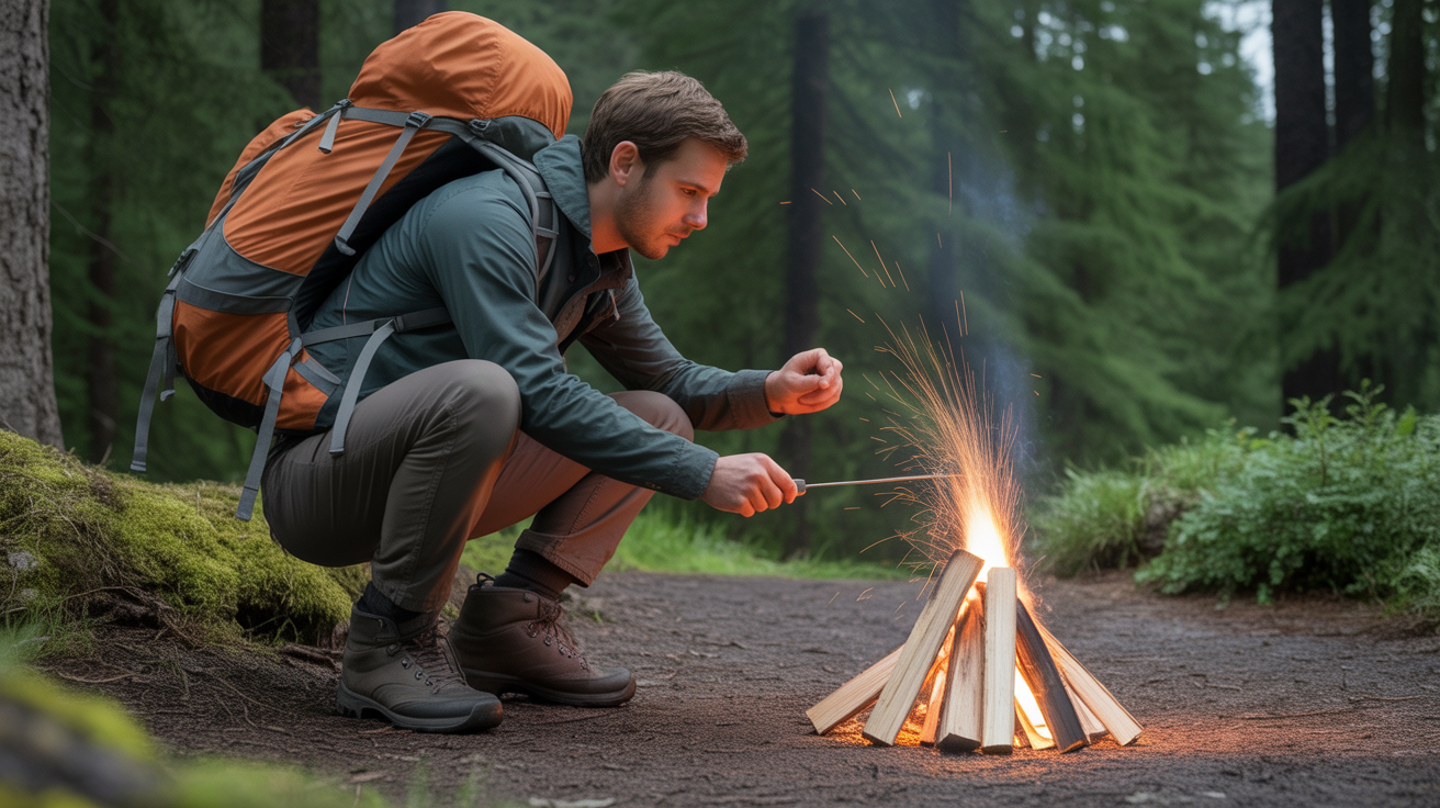 backpacker using best fire starter for camping to ignite campfire in forest setting