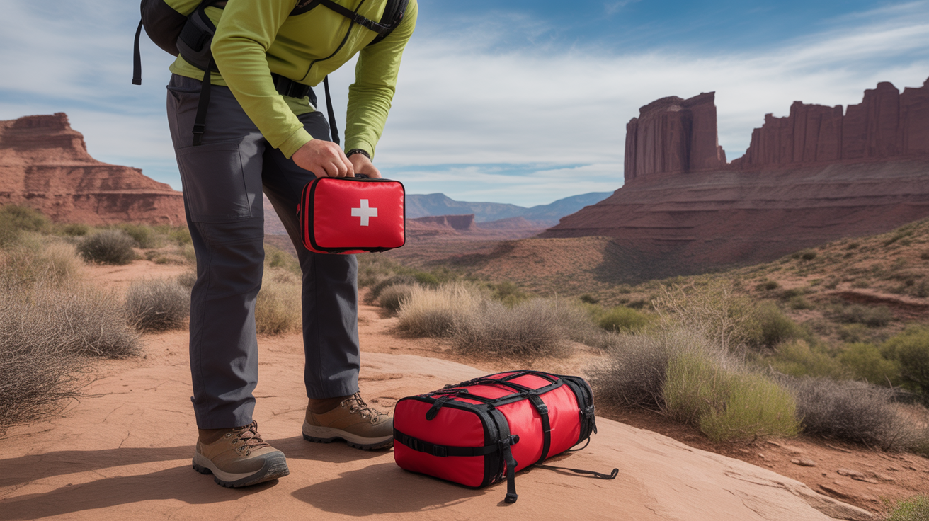 hiker checking best first aid kit for hiking on desert trail with red rock formations and clear sky